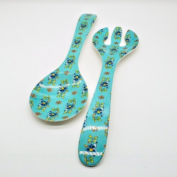 Le Cadeaux Madrid Turquoise Melamine Salad Serving Fork & Spoon - Picture 3 of 5